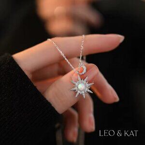 Gold Sun and Moon Pave Opal Pendant Necklace. 925 Sterling Silver. #1106